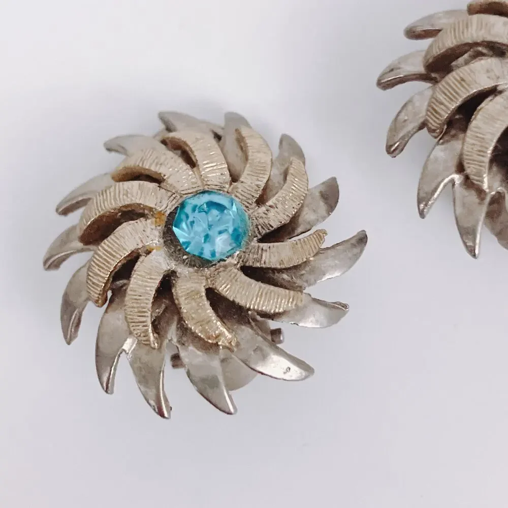 Signed Kramer Vintage Mid Century Atomic Aqua Blue Rhinestone Clip Earrings